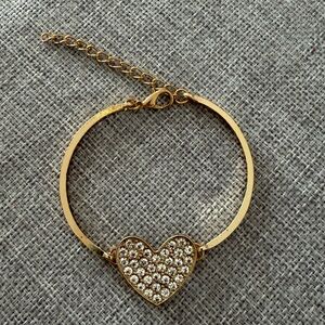Gold Tone Rhinestone Heart Bracelet | Adjustable Bangle | Sparkly Love Charm